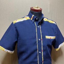 手作りのポリエステル反物メンズかりゆしウェアLサイズ紺の縞柄