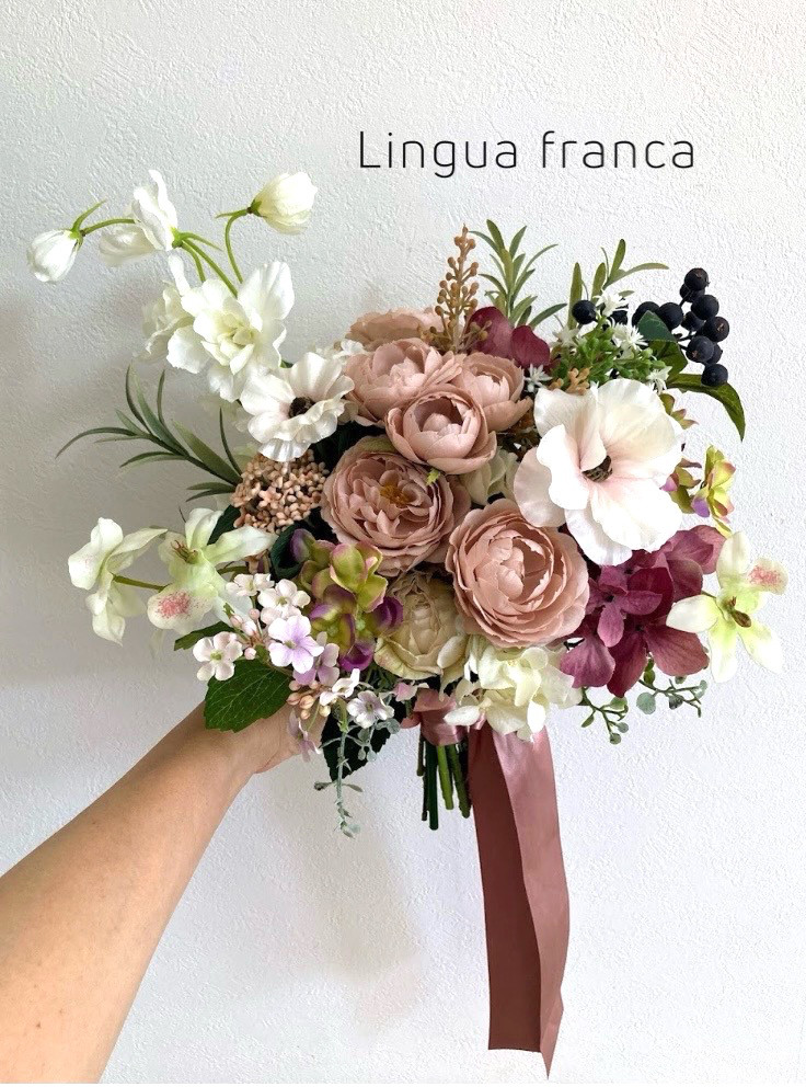 アンティークピンクのアーティフィシャルフラワーブーケ&ブートニア　前撮り　フォトウェディング　結婚式　二次会　インテリア