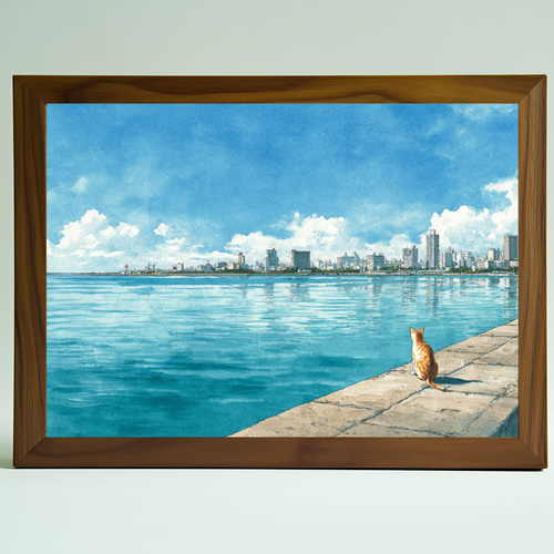 青い海と街並みを眺める猫、水彩画 ねこ インテリアポスター 風景画 猫