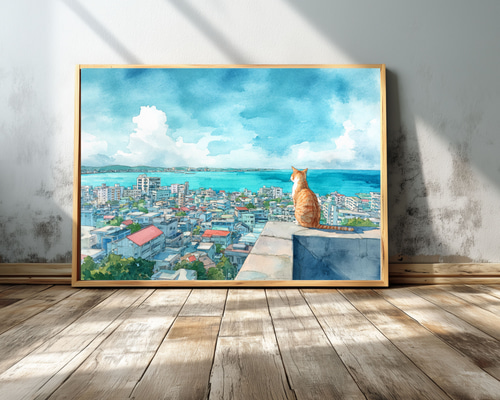 沖縄の街と海を見渡す猫の風景 – 水彩画アート ねこ インテリアアート