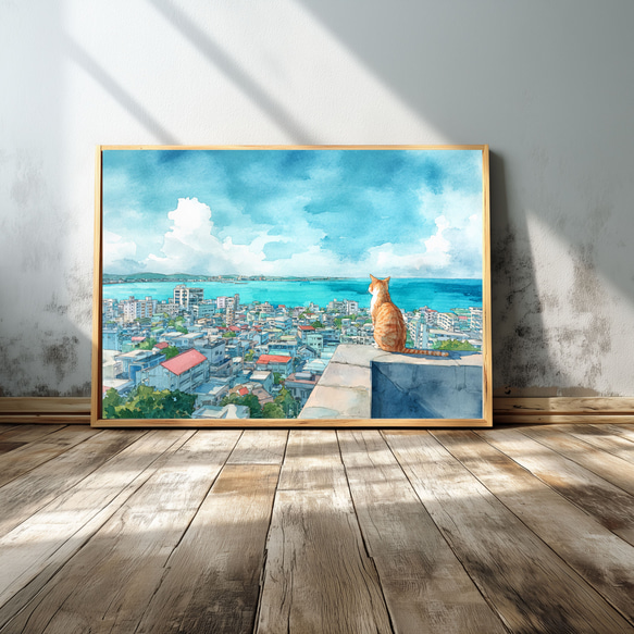 沖縄の街と海を見渡す猫の風景 – 水彩画アート ねこ インテリアアート