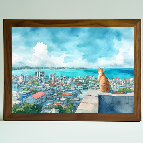 沖縄の街と海を見渡す猫の風景 – 水彩画アート ねこ インテリアアート
