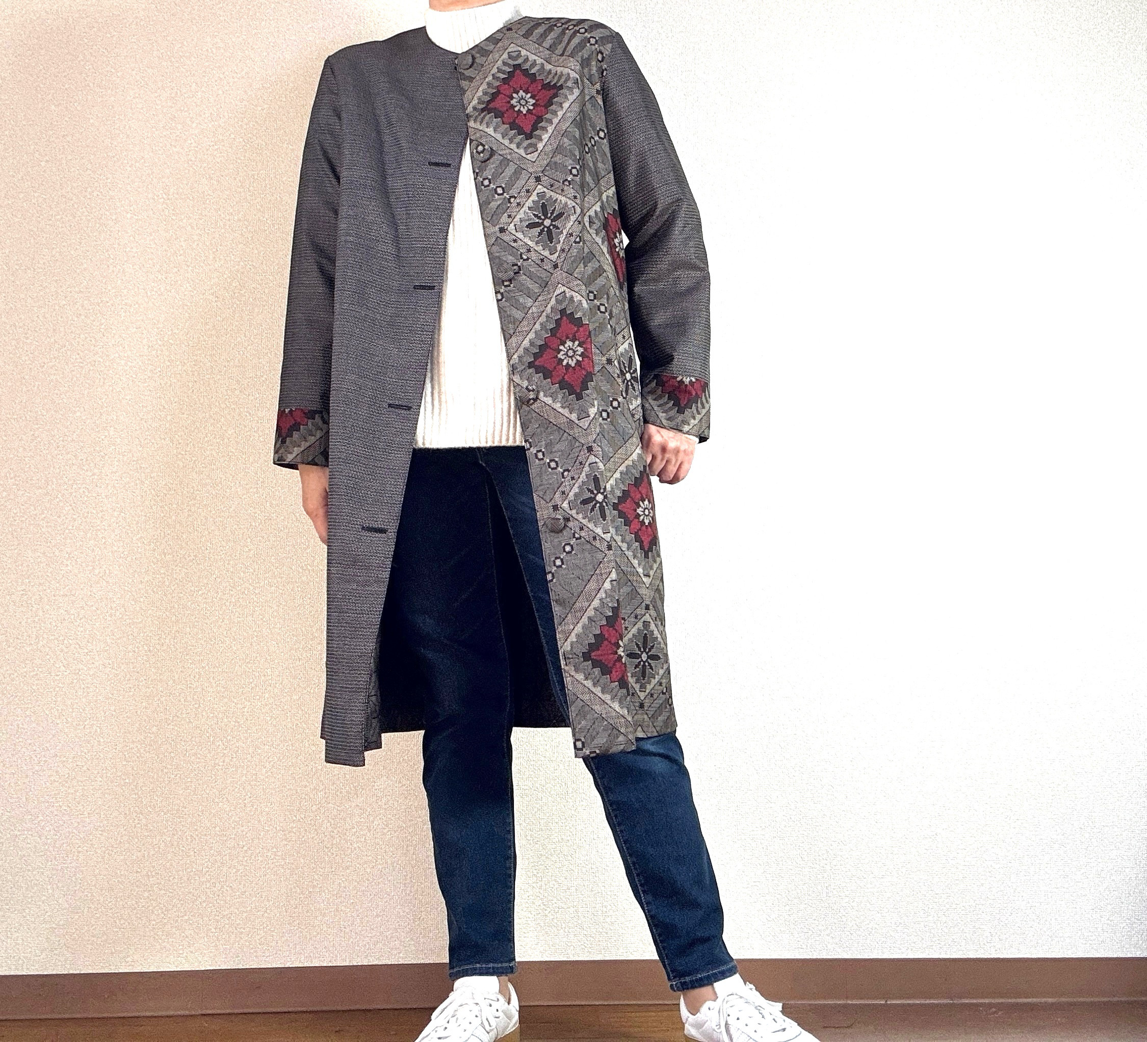 アンティーク大島紬のノーカラーコート　リバーシブル　パッチワーク　茶龍郷　着物リメイク