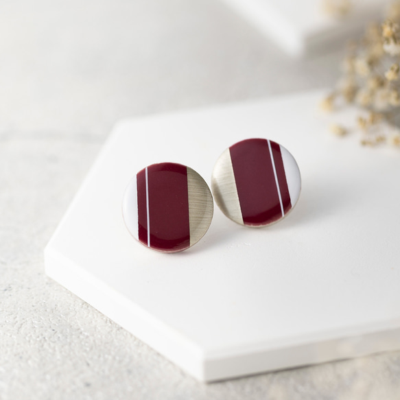 美濃焼 陶器 モダンライン ピアス／イヤリング｜朱（あけ）ワイン 丸 1枚目の画像