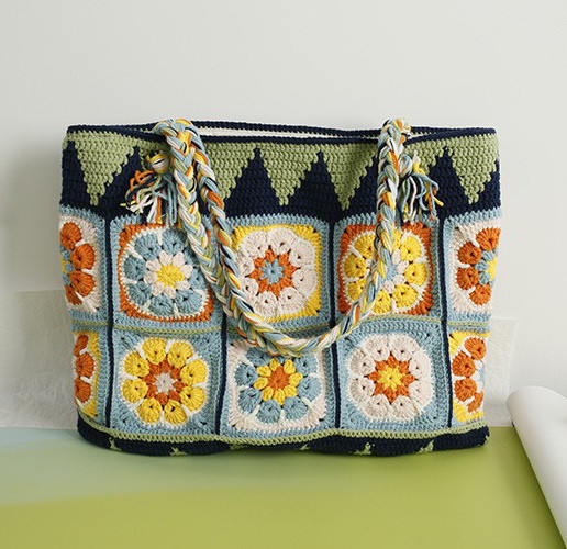 手作り 毛糸 刺繍 かぎ針編み ニート ショルダーバッグ トートバッグ【敦煌スタイルの花柄｜16枚のパネル拼接】1点