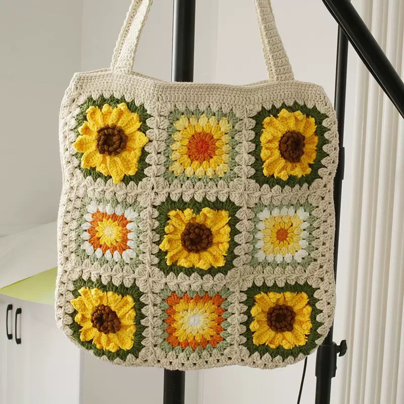 手作り 毛糸 刺繍 かぎ針編み ニート ショルダーバッグ トートバッグ【太陽の花向日葵柄｜18枚のパネル拼接｜A】1点