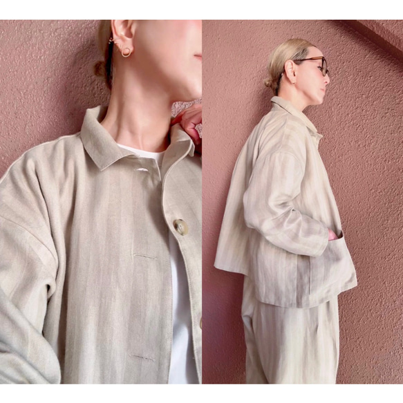 長さ選べる❤️メンズライクな渋い大人のハーフジャケット❤️ゆったり身幅❤️ストライプcottonリネン❤️キャメル 16枚目の画像