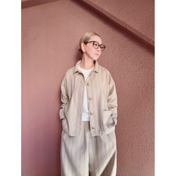 長さ選べる❤️メンズライクな渋い大人のハーフジャケット❤️ゆったり身幅❤️ストライプcottonリネン❤️キャメル 17枚目の画像