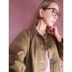 長さ選べる❤️メンズライクな渋い大人のハーフジャケット❤️ゆったり身幅❤️ストライプcottonリネン❤️キャメル 2枚目の画像