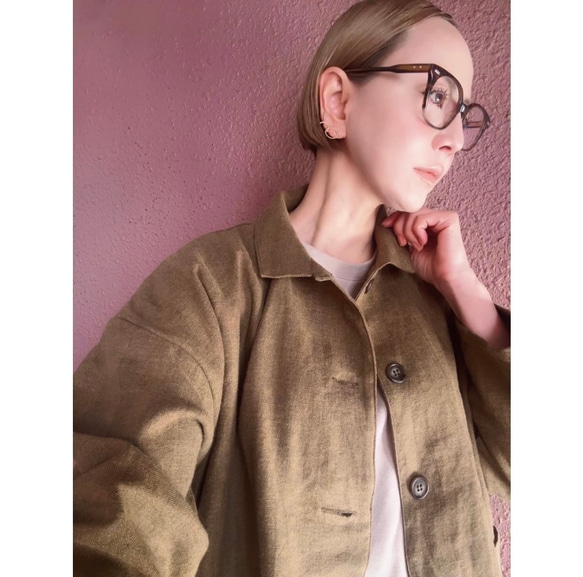 長さ選べる❤️メンズライクな渋い大人のハーフジャケット❤️ゆったり身幅❤️ストライプcottonリネン❤️キャメル 2枚目の画像