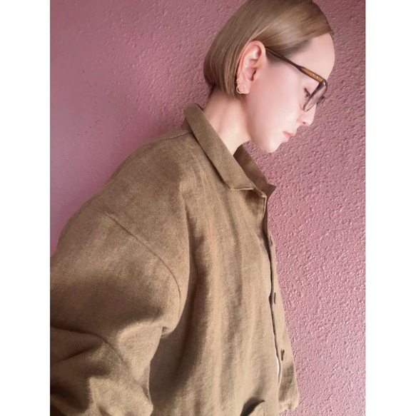 長さ選べる❤️メンズライクな渋い大人のハーフジャケット❤️ゆったり身幅❤️ストライプcottonリネン❤️キャメル 6枚目の画像