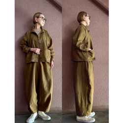 長さ選べる❤️メンズライクな渋い大人のハーフジャケット❤️ゆったり身幅❤️ストライプcottonリネン❤️キャメル 12枚目の画像