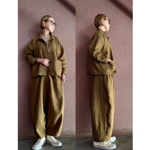 長さ選べる❤️メンズライクな渋い大人のハーフジャケット❤️ゆったり身幅❤️ストライプcottonリネン❤️キャメル 12枚目の画像