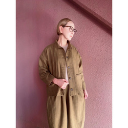 長さ選べる❤️メンズライクな渋い大人のハーフジャケット❤️ゆったり身幅❤️ストライプcottonリネン❤️キャメル 3枚目の画像