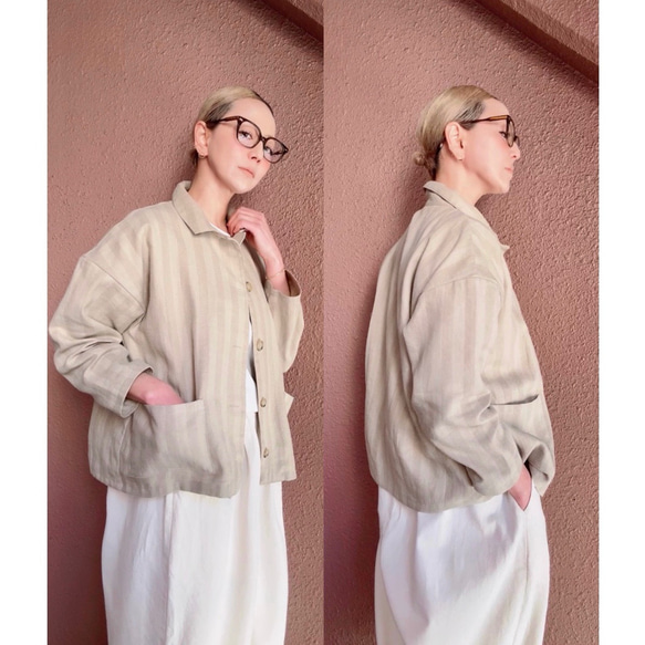 長さ選べる❤️メンズライクな渋い大人のハーフジャケット❤️ゆったり身幅❤️ストライプcottonリネン❤️キャメル 18枚目の画像