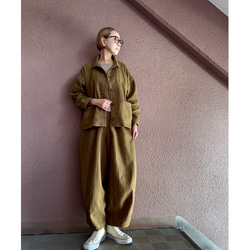 長さ選べる❤️メンズライクな渋い大人のハーフジャケット❤️ゆったり身幅❤️ストライプcottonリネン❤️キャメル 8枚目の画像