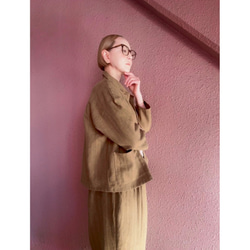 長さ選べる❤️メンズライクな渋い大人のハーフジャケット❤️ゆったり身幅❤️ストライプcottonリネン❤️キャメル 4枚目の画像