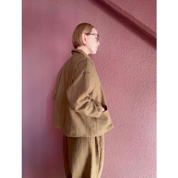 長さ選べる❤️メンズライクな渋い大人のハーフジャケット❤️ゆったり身幅❤️ストライプcottonリネン❤️キャメル 10枚目の画像