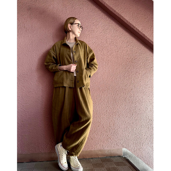 長さ選べる❤️メンズライクな渋い大人のハーフジャケット❤️ゆったり身幅❤️ストライプcottonリネン❤️キャメル 11枚目の画像