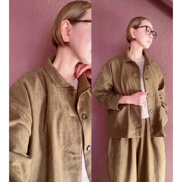 長さ選べる❤️メンズライクな渋い大人のハーフジャケット❤️ゆったり身幅❤️ストライプcottonリネン❤️キャメル 1枚目の画像