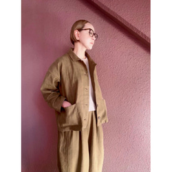 長さ選べる❤️メンズライクな渋い大人のハーフジャケット❤️ゆったり身幅❤️ストライプcottonリネン❤️キャメル 7枚目の画像