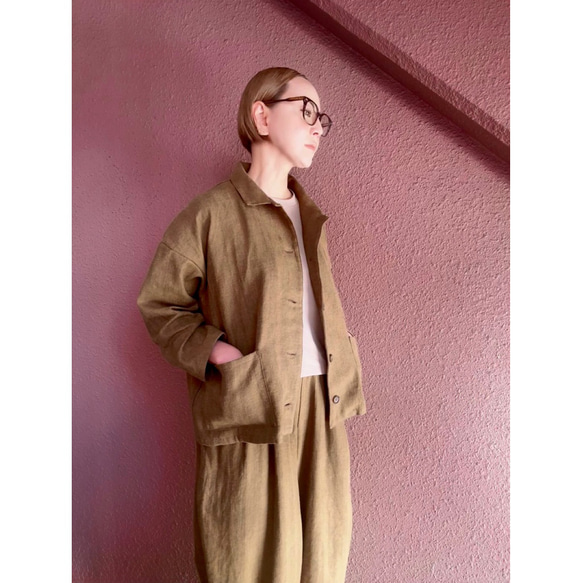 長さ選べる❤️メンズライクな渋い大人のハーフジャケット❤️ゆったり身幅❤️ストライプcottonリネン❤️キャメル 7枚目の画像