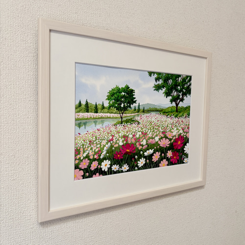 透明水彩画　原画　「コスモスの川辺」額縁付き　F4サイズ　風景画 コスモスの川辺」透明水彩画 原画 風景画 額縁付 F4サイズ 絵画 Oni