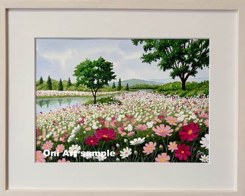 コスモスの水彩画 黒いフレーム付き コスモスの水彩画 黒いフレーム付き コスモスの花を描いた美しい水彩画