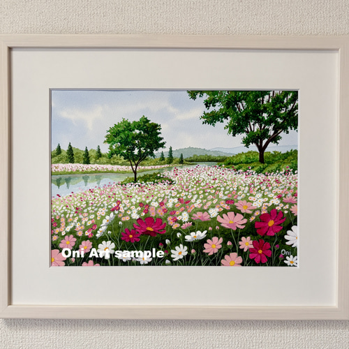 コスモスの川辺」透明水彩画 原画 風景画 額縁付 F4サイズ 絵画 Oni