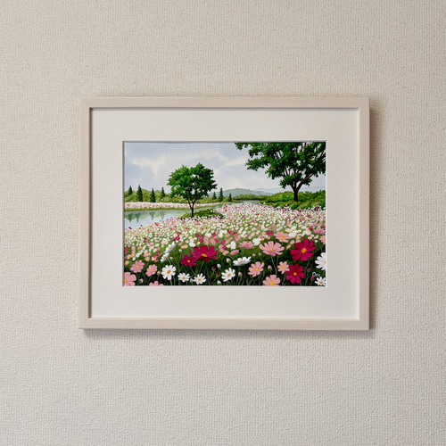 透明水彩画　原画　「コスモスの川辺」額縁付　F4サイズ コスモスの川辺」透明水彩画 原画 風景画 額縁付 F4サイズ 絵画 Oni