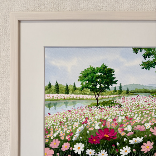 コスモスの川辺」透明水彩画 原画 風景画 額縁付 F4サイズ 絵画 Oni
