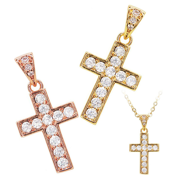 【クロスペンダントトップ】 ペンダント ジルコニア付き真鍮鍍金 ニッケルフリー ネックレス 1枚目の画像