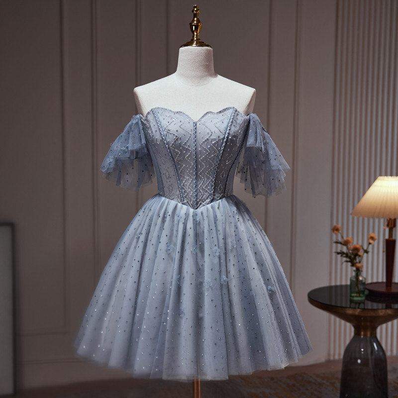 青 キラキラ オフショルダー ショート丈 可愛い プリンセス パーティードレス 二次会 ウェディングドレス LJ-600