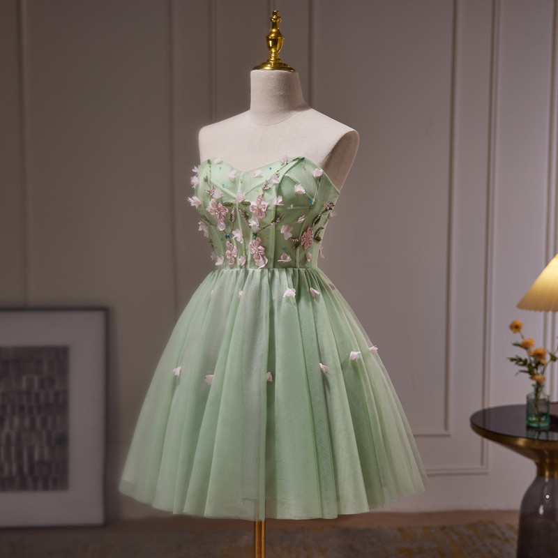 緑 オフショルダー ショート丈 立体花 可愛い プリンセス パーティードレス 二次会 ウェディングドレス LJ-596