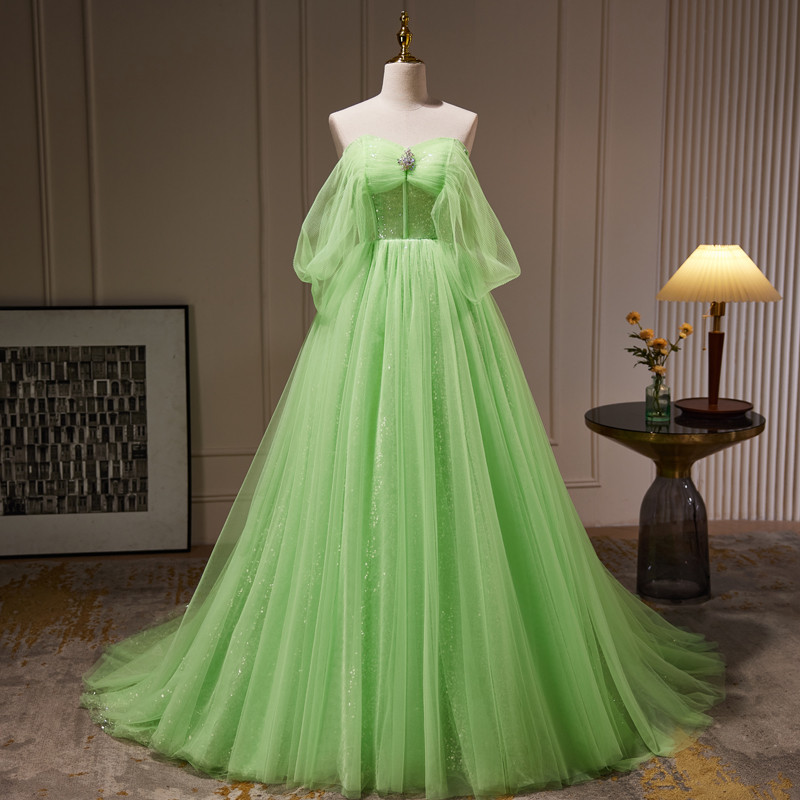 緑 オフショルダー ふわふわ ロング プリンセス パーティードレス 二次会 ウェディングドレス お呼ばれ LJ-595