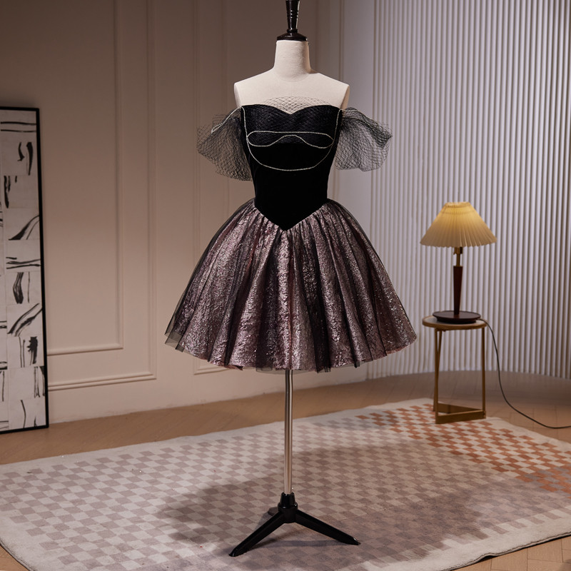 黒 オフショルダー ショート丈 スリム 可愛い プリンセス パーティードレス 二次会 ウェディングドレス LJ-590