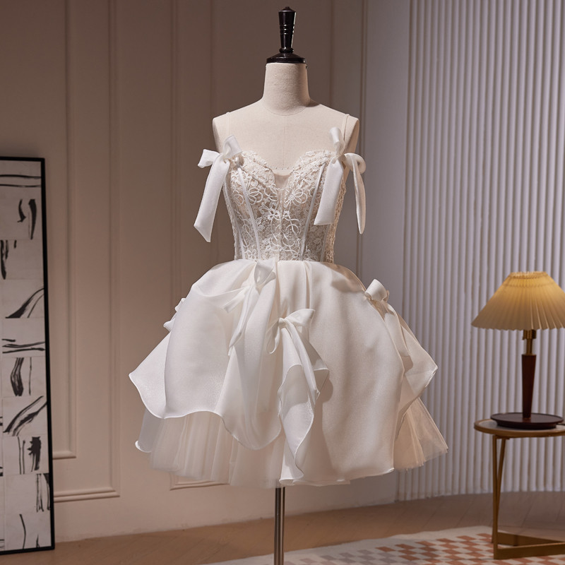 白 ストラップ ショート丈 スリム 可愛い プリンセス パーティードレス 二次会 ウェディングドレス LJ-587