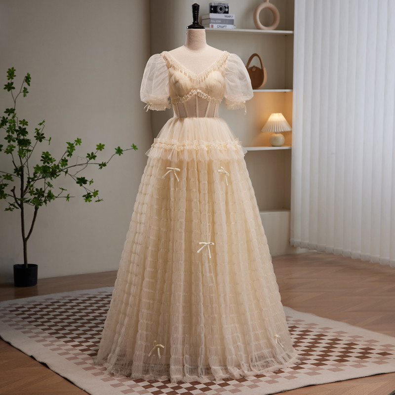 シャンパン色 ふわふわ ロング 半袖 プリンセス パーティードレス 二次会 ウェディングドレス お呼ばれ LJ-584