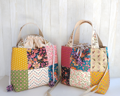 パッチワークサイドポケット付き２wayトートバック パッチワーク、サイドポケット付き2wayトートバック ♡れい✨パッチ