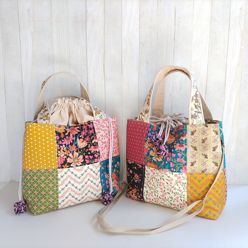 第二弾☆パッチワークの2Wayトートバッグ☆巾着型ショルダーバッグ