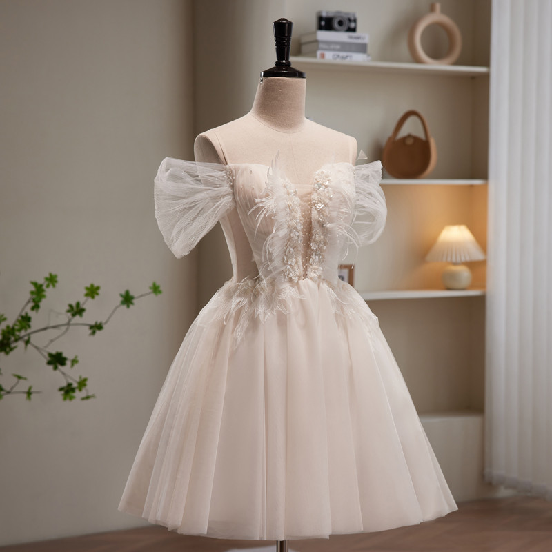 ベージュ ストラップ ショート丈 スリム 可愛い プリンセス パーティードレス 二次会 ウェディングドレス LJ-583