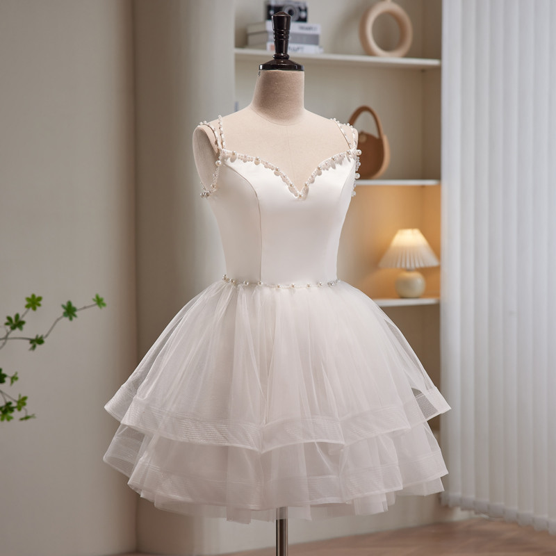 白 ふわふわ ストラップ ショート丈 可愛い プリンセス パーティードレス 二次会 ウェディングドレス LJ-582