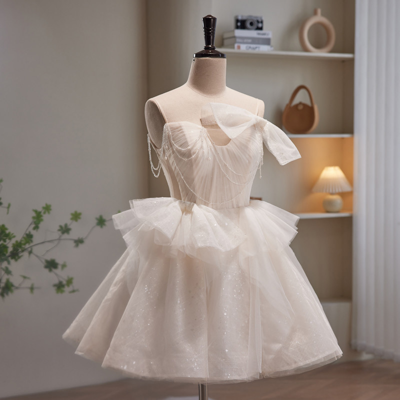 ベージュ きらきら ストラップ ショート丈 綺麗 プリンセス パーティードレス 二次会 ウェディングドレス LJ-581