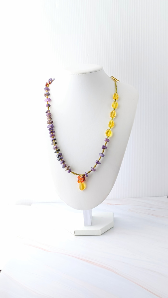 【実りの秋】チャロアイト　イエロアンバー　マンテルネックレス 3枚目の画像