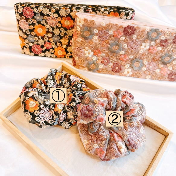 インパクト大のお花シュシュ♡インド刺繍リボン♡ヘアゴム シュシュ　 2枚目の画像