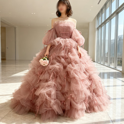 送料無料！カラードレス ピンク もこもこドレス リボン 編み上げ