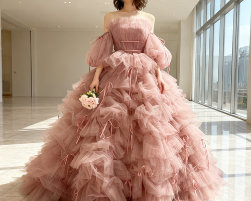 送料無料！カラードレス ピンク もこもこドレス リボン 編み上げ