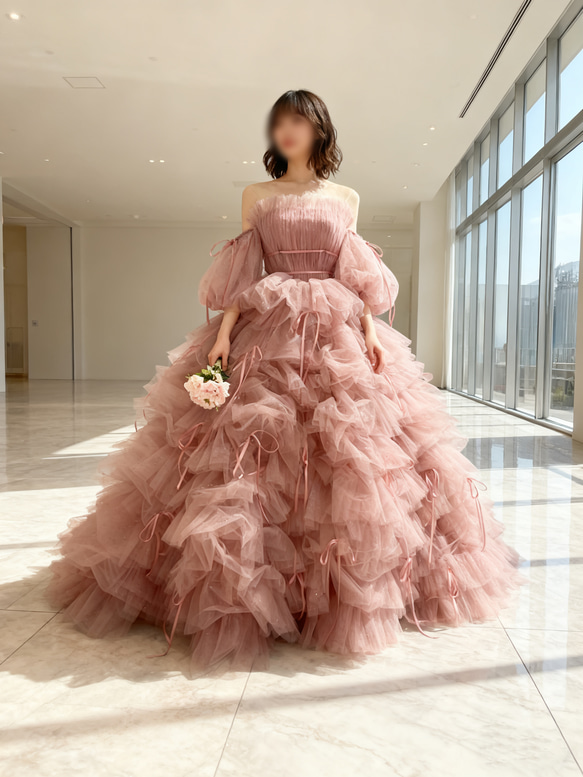 ウェディングドレス(カラードレス・ピンク・モコモコ) 送料無料！カラードレス ピンク もこもこドレス リボン 編み上げ