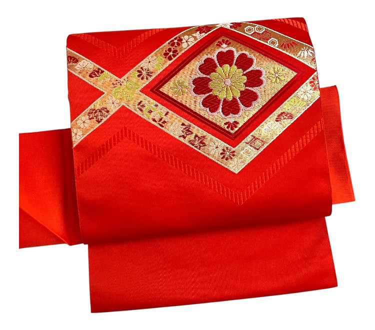 化繊　仕立上り　かがり名古屋帯　朱色　ポイント柄