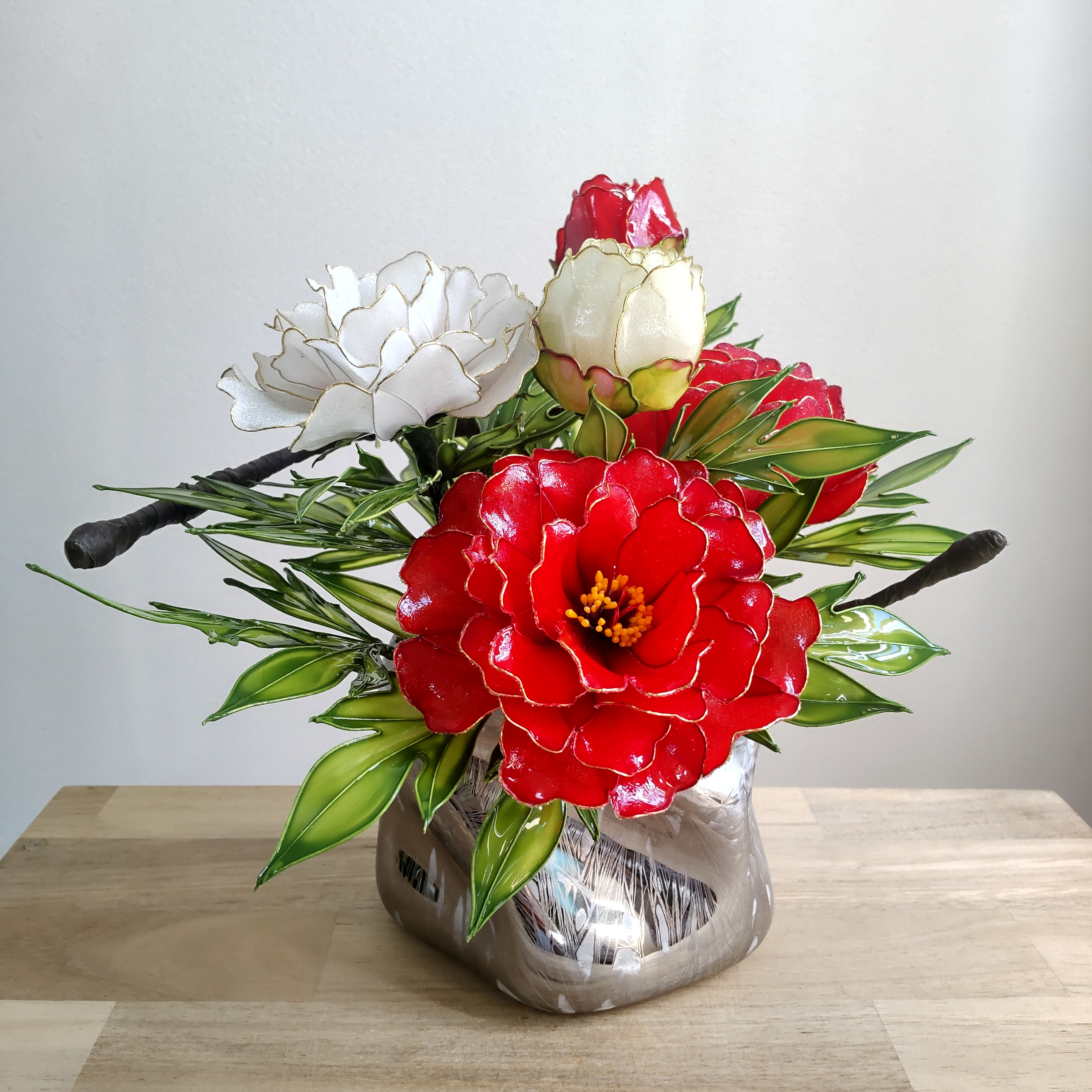 ミニ牡丹♡紅白♡アレンジ♡ディップアート♡お正月♡お祝い♡一点物